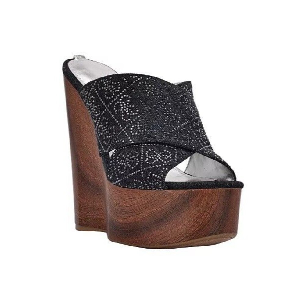 Guess Black Wedge Mule with Brown Wood-Effect Platform